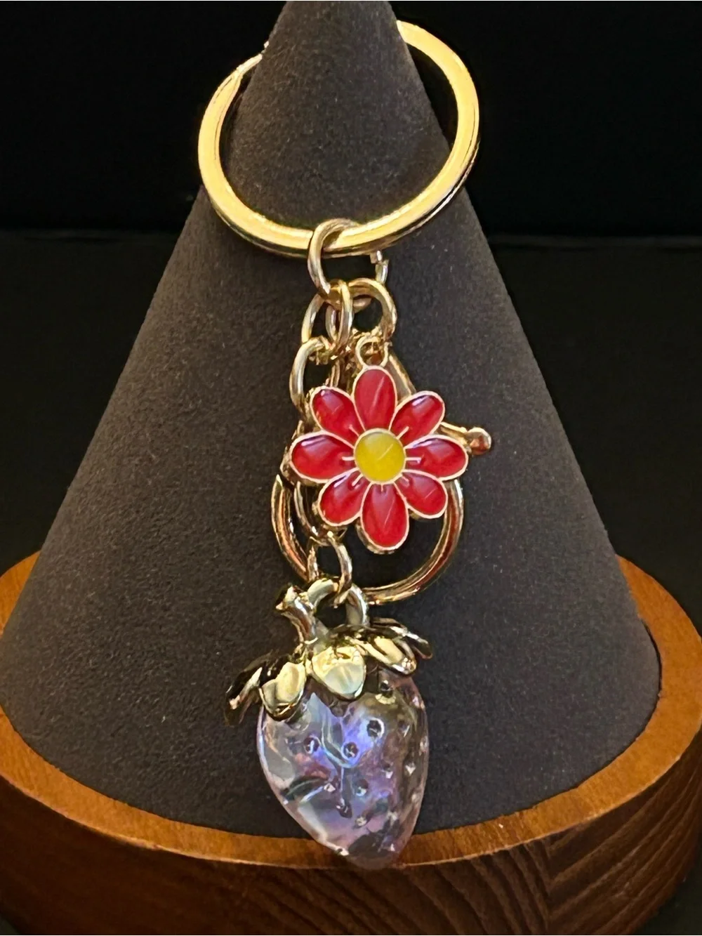 Gold-Tone & Iridescent Strawberry 🍓 & Color Enamel Flower Bag Charm Keychain NWT
